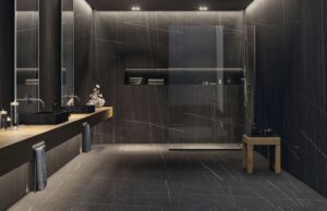 Łazienka z płytkami marmuropodobnymi na podłodze i ścianie - Cifre Sahara Noir Mat 60x120 cm.