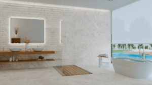 Łazienka z płytkami imitującymi kamień - marmur na podłodze i ścianie.