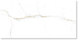 Białe kafle gresowe imitujące biały marmur ze złotymi i szarymi żyłkami.