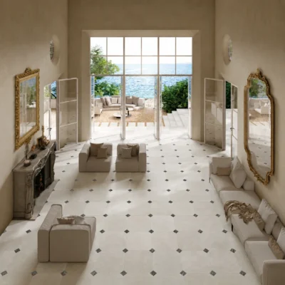 CERDOMUS Avorio 60x60 Ottagona Matt to kremowe płytki oktagonalne imitujące naturalny kamień. Eleganckie rozwiązanie do salonu, holu i przestronnych wnętrz.
