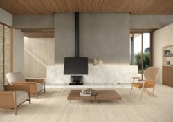 Płytki z efektem kamienia jasnoszare w salonie na ścianie MARCA CORONA Arkigem Talco 60X120 K019