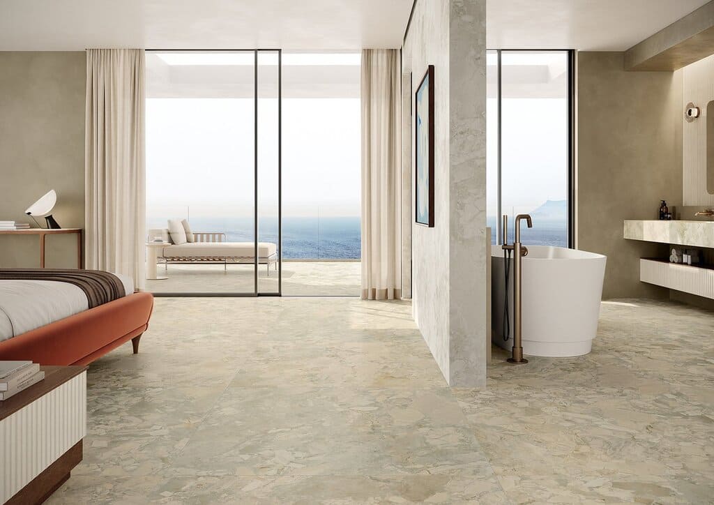 Płytki z efektem kamienia szałwia, beż łazienka sypialnia MARCA CORONA Arkigem Flora 60X120 K021