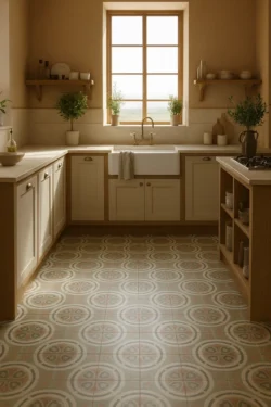 Rustykalno‑nowoczesna kuchnia pełna światła i ciepła. Płytki na podłodze Harmony AMBER Green 22,3X22,3