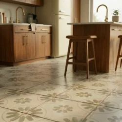 Jasna kuchnia w stylu modern retro z drewnianą zabudową i wyspą, na której podłodze ułożono postarzane, wzorzyste płytki podłogowe Peronda FS Blume Sage 45x45 w motywy kwiatowe w odcieniach szałwiowej zieleni i kremowego beżu.
