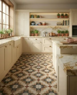 Aranżacja kuchni płytki podłogowe patchwork Peronda Fs CHESTER 45x45cm Styl nowoczesny (modern minimalist) z wyraźnymi elementami modern organic / japandi.