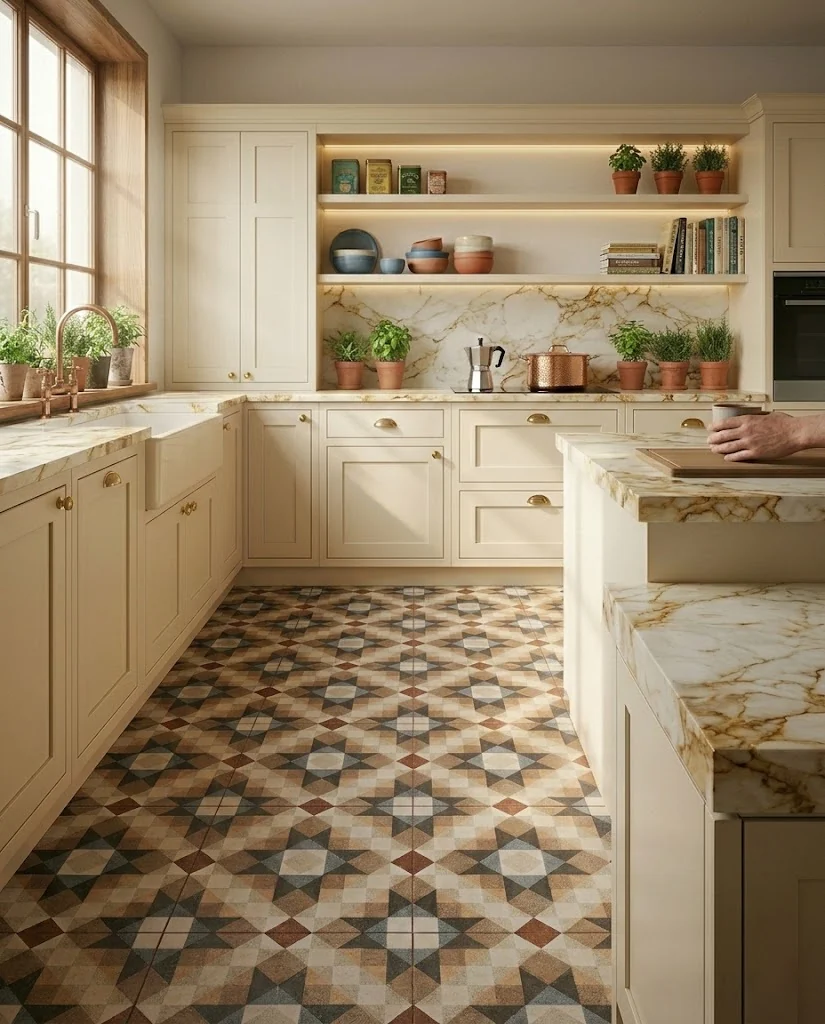 Aranżacja kuchni płytki podłogowe patchwork Peronda Fs CHESTER 45x45cm Styl nowoczesny (modern minimalist) z wyraźnymi elementami modern organic / japandi.