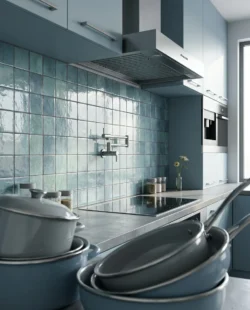 Błękitna kuchnia aranżacja z płytkami w kwadratowym formacie i połysku Harmony Dyroy Aqua 10x10cm