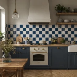 Niebiesko-białe płytki ceramiczne Harmony HANA 12x12 w kuchni w stylu rustykalnym, szachownica na ścianie nad blatem