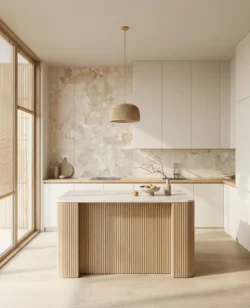 Jasna kuchnia japandi, rewniana wyspa, na ścianie kremowe płytki z dużymi kamieniami VITACER Dozza STONE CREAM 60x120