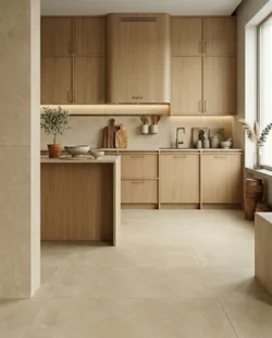 Minimalistyczna kuchnia w stylu japandi z drewnianą zabudową, jasną podłogą i płytkami VITACER Argile SAND 60X120 w odcieniu piaskowym.