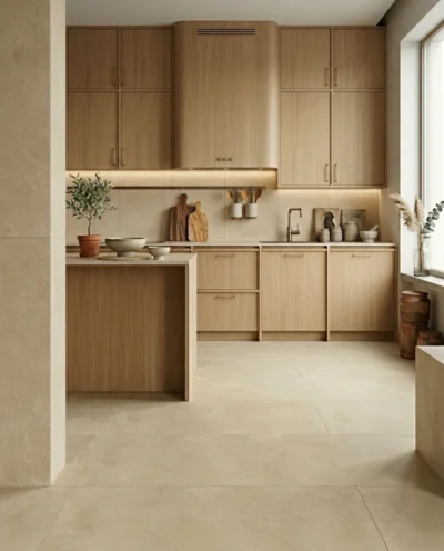 Minimalistyczna kuchnia w stylu japandi z drewnianą zabudową, jasną podłogą i płytkami VITACER Argile SAND 60X120 w odcieniu piaskowym.