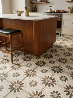 Bliska perspektywa kuchni modern-retro: na pierwszym planie ozdobna podłoga z płytkami Peronda FS Blume Black, a za nią drewniana wyspa z hokerem