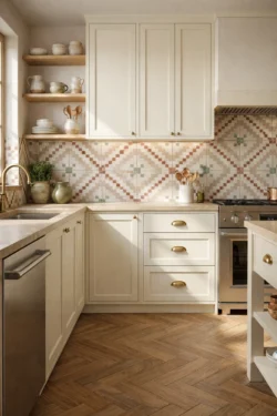 Kuchnia styl środziemnomorski retro-modern płytki geometryczne na backsplash Peronda Fs RUZAFA 22,3X22,3