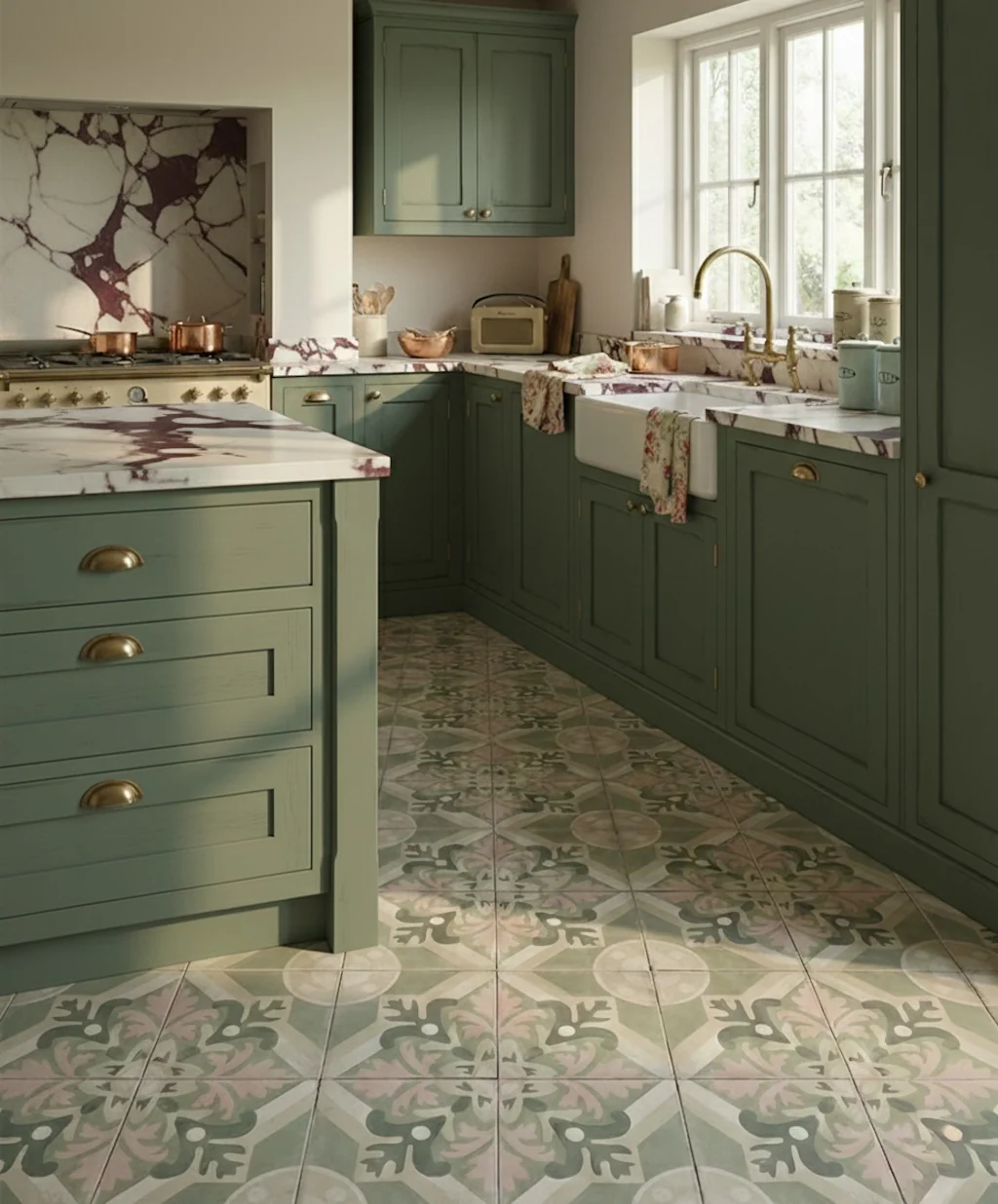 Kuchnia w stylu Modern Vintage - szałwiowa elegancja z płytkami podłogowymi Peronda fs 1827 sage 22,3x22,3cm