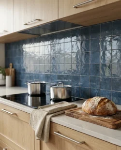 Kuchnia z niebieskimi kafelkami pomiędzy meblami Harmony DYROY BLUE 10x10cm. Jasne, drewniane fronty mebli.
