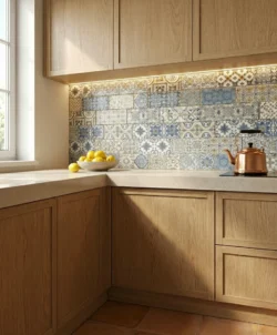 Kuchnia z płytami patchwork pomiędzy meblami. Małe płytki Absolut Universal Sintra 7,5x15cm z w wieloma kolorowymi wzorami.