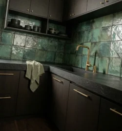 Kuchnia z zielonymi płytki hiszpańskimi w półysku Harmony Legacy green 15x15cm. Zielony, postarzany backsplash