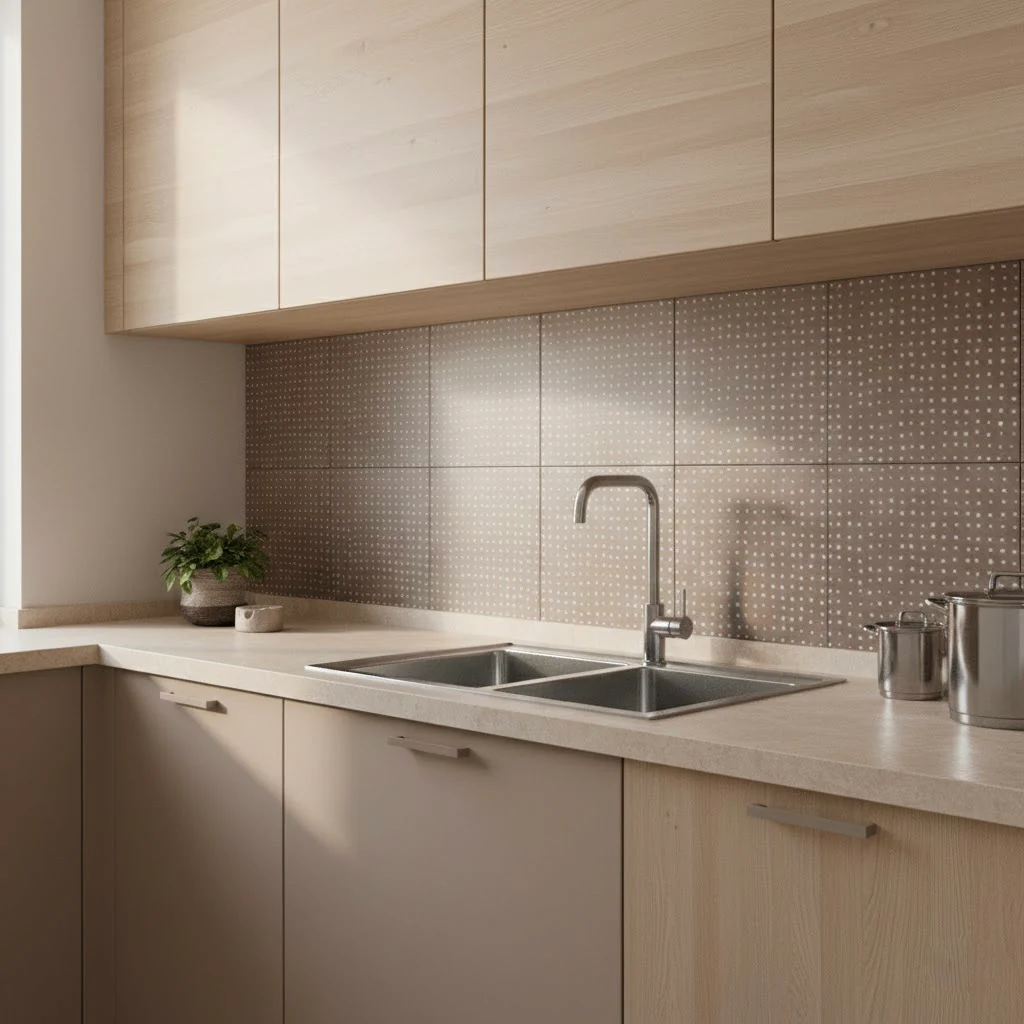 Nowoczesna jasna kuchnia w stylu skandynawskim. Fronty mebli beżowe, jasne drewno oraz matowe płytki pomiędzy meblami z błyszczącymi kropeczkami - PANGEA Chocolate Spot 22,3x22,3