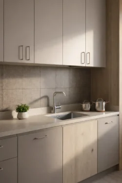 Nowoczesna kuchnia w stylu skandynawskim z jasnym drewnem i beżowymi frontami, backsplash z płytek Harmony PANGEA Chocolate Spot LT 22,3×22,3 pomiędzy meblami oraz minimalistycznym kranem nad zlewem.