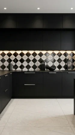 Płytki kuchenne między szafkami Peronda Fs ARLES BLACK LT 33x33cm. Czarne fronty mebli, płytka biało-czarna szachownica