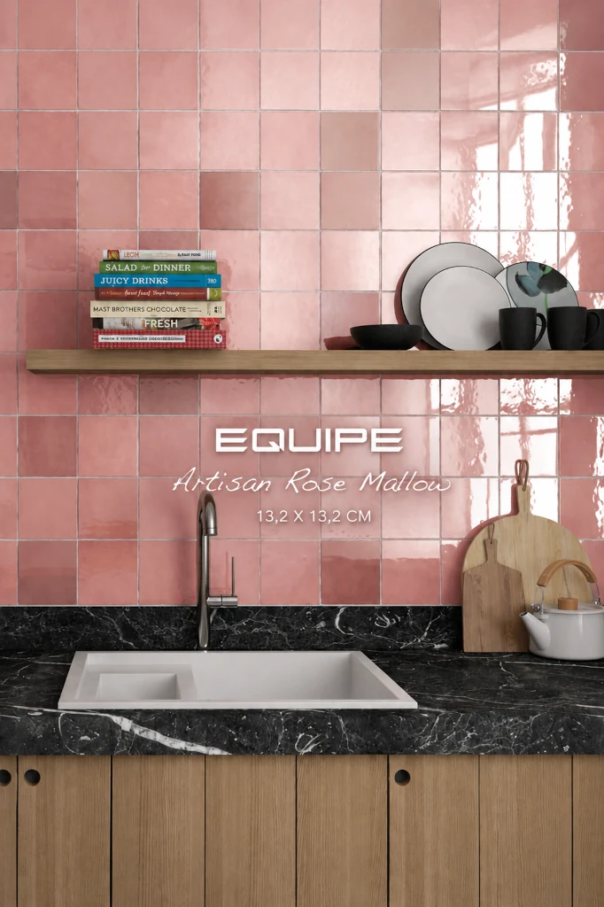 Hiszpańskie płytki na ścianę w kuchni – różowe Equipe Artisan Rose Mallow 13,2×13,2 z efektem rękodzieła