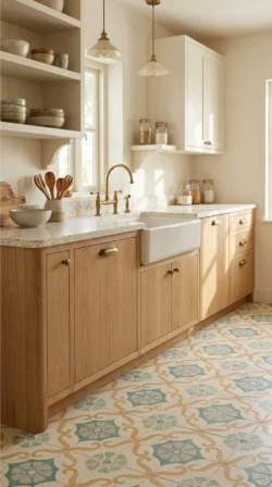 Płytki Harmony SOROA Aqua 22,3X22,3 w kuchni na podłodze. Kuchnia retro z nutą śródziemnomorską - aranżacja