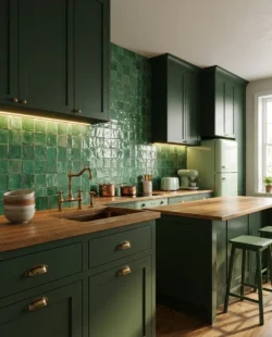 Zielona kuchnia z płytkami na ścianie 10x10cm Riad Green Harmony