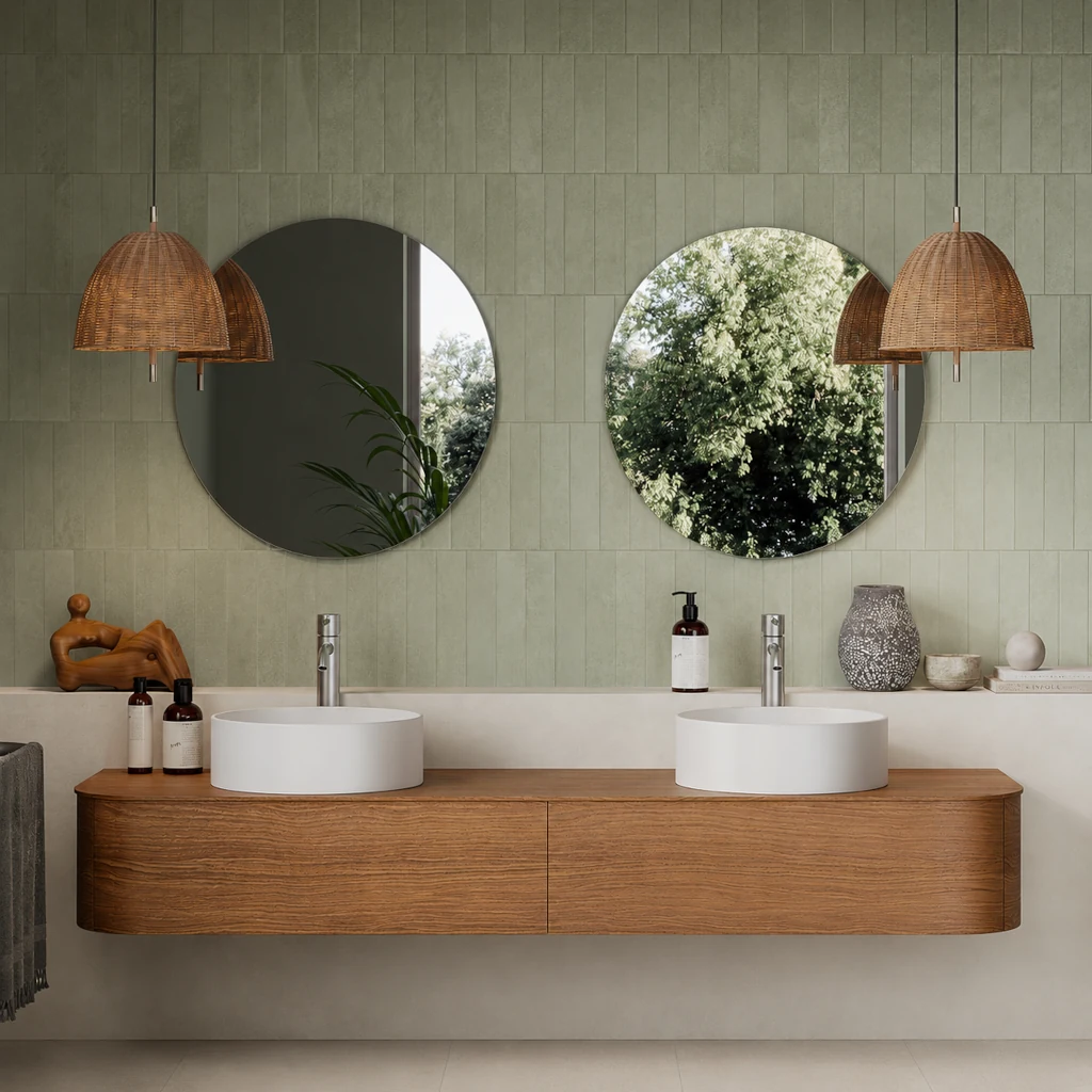 Zielone płytki ścienne Marca Corona Cera Verde Candito 6x24 zastosowane w nowoczesnej łazience z podwójną umywalką i okrągłymi lustrami.