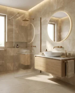 Aranżacja łazienki beżowej z płytkami imitującymi marmur CERDOMUS Pulpis Beige 60x120