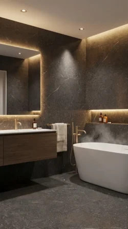 Aranżacja łazienki brązowej z płytkami Museum ROYAL BROWN w formacie 60x120cm. Styl nowoczesny minimalizm w wydaniu luksusowym