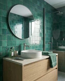 Aranżacja łazienki zielone płytki zellige, Harmony DYROY GREEN 10x10cm. Płytki na ścianie, jasna, drewniana szafka, srebrny prysznic i kran.