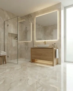 Beżowa jasna łazienka z płytki imitującymi marmur w połysku na podłodze i ścianie - AB Aura Ivory Pulido