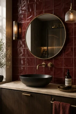 Elegancka łazienka z bordowymi błyszczącymi płytkami ściennymi 3D Cerasarda Porto Rotondo Borgogna 15x15, złotą armaturą i drewnianą szafką.