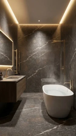 Brązowa łazienka, aranżacja w stylu nowoczesnym, minimalizm w wydaniu luksusowym. Płytki Museum ROYAL BROWN 60x120cm