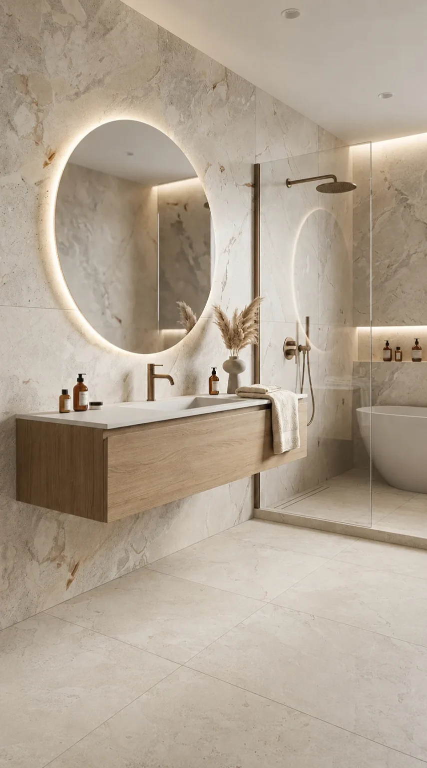 Płytki łazienkowe gres Cerdomus Karnis Sand Matt 60×120 – nowoczesna łazienka modern luxury z piaskowym kamieniem