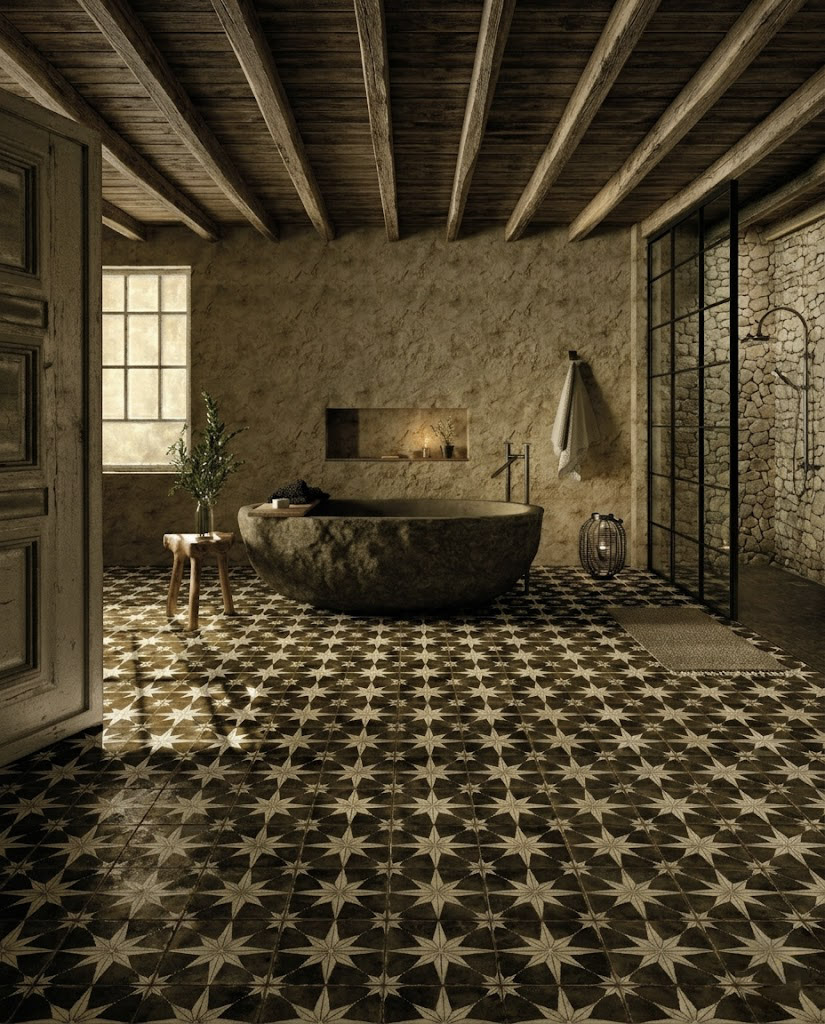 Ciemne płytki patchworkowe w łazience – gres patchwork Peronda FS Star Night 45×45