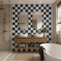 Niebiesko-białe płytki Harmony HANA 12x12 ułożone w szachownicę w łazience z podwójną umywalką, lustrami i złotą armaturą