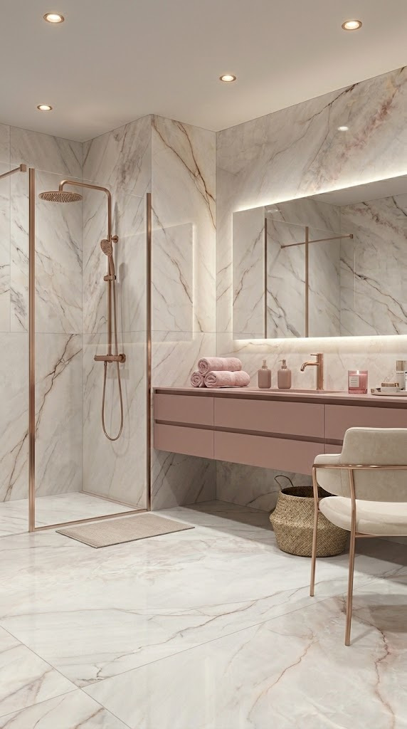 Łazienka aranżacja, płytki imitacja marmuru - Museum DAHLIA WHITE /60X120/EP. Kafle w odcieniach różu, styl glam.