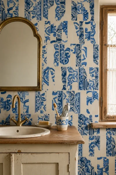 Łazienka w stylu portugalskim z płytkami azulejos - Marca Corona Miniature Fregio Blu Maiolica 6x24
