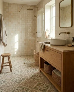 Jasna łazienka w stylu rustykalnym. Na podłodze wzorzyste płytki Peronda FS 1827 Clay w kolorach ziemi, na ścianach beżowe kafelki Zellige. Drewniana szafka podumywalkowa z kamiennym blatem i złota armatura.