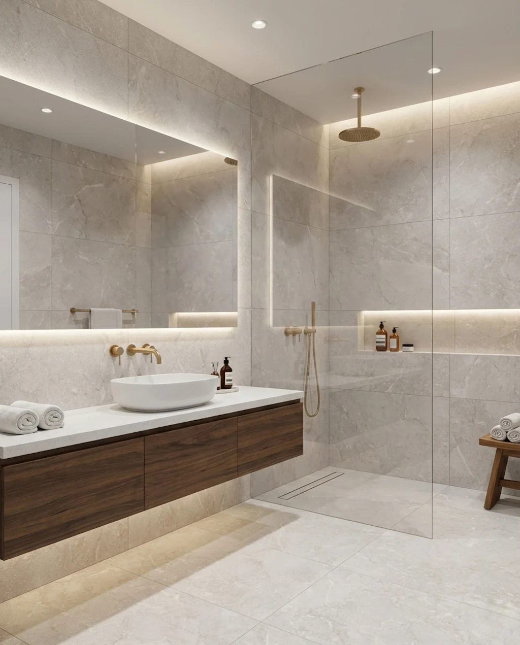 Łazienka w stylu Soft Minimal - subtelna siła szarobeżowych, jasnych płytek imitujących kamień na podłodze i ścianie Museum Serene Cloud 60x120cm