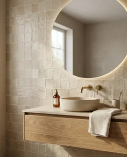 Ciepłą łazienka z beżowymi płytkami kwadratowymi na ścianie - Harmony SAHN SAND 10x10 cm