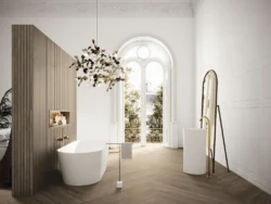Łazienka z białą płytką boazeryjną na ścianie - Ape Bellagio Bianco Rect 60x120