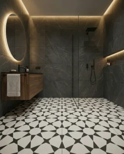 Łazienka z czarno-białą geometryczną podłogą z płytkami Harmony Cuban White Star 22,3x22,3 cm. Styl nowoczesny luksus z elementami industrialno-chic i retro-modernistycznymi wpływami.