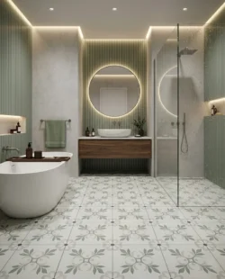Łazienka z kafelkami z botanicznym wzorem na podłodze - Harmony SIROCCO GREEN GARDEN 22,3x22,3 cm. Styl Organic Modern