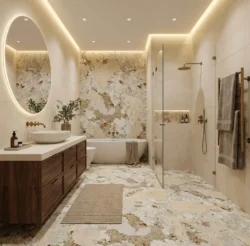 Nowoczesna łazienka, beżowe płytki Patagonia Wow 120X120cm imitujące kamień, drewniana szafka i złota armatura.