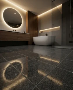 Nowoczesne, luksusowe wnętrze łazienki z nastrojowym oświetleniem LED i polerowaną podłogą z lastryko. Widać drewnianą szafkę podumywalkową z okrągłym, podświetlanym lustrem, wolnostojącą białą wannę oraz przeszklony prysznic.