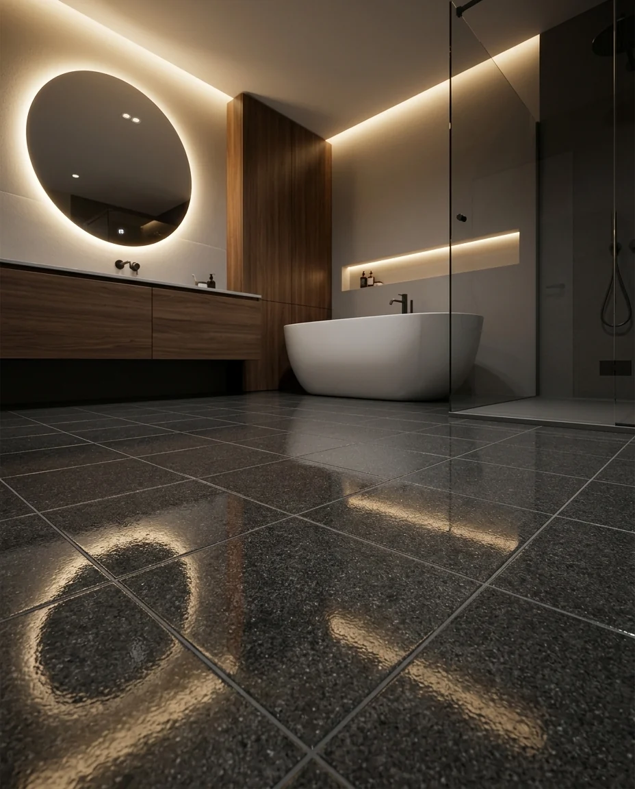 Nowoczesne, luksusowe wnętrze łazienki z nastrojowym oświetleniem LED i polerowaną podłogą z lastryko. Widać drewnianą szafkę podumywalkową z okrągłym, podświetlanym lustrem, wolnostojącą białą wannę oraz przeszklony prysznic.