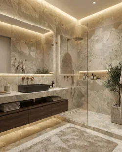 Luksusowa, nowoczesna łazienka w stylu modern classic z płytkami Marca Corona Arkigem Flora 60x120 cm, prysznicem walk-in, umywalką nablatową i architektonicznym oświetleniem.