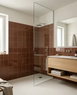 Stylowa łazienka z brazowymi kafelkami terrazzo - Marca Corona Terrasale ROSSO LACCA 20X20 K257